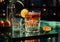 Glass of negroni old fashioned spritz cocktail with ice and orange slice on steel tray in luxury restaurant lounge.Macro.AI