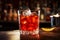 A glass of Negroni Sbagliato liqueur with ice cubes on a bar counter