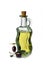 Glass oil cruet and olives on white background