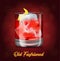 The glass of old-fashioned cocktail on the red background.Vector illustration of an alcoholic drink.