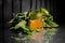 Glass of orange drink among salvia leaves served on the table