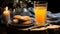 A glass of orange juice next to a plate of cookies. Generative AI image.