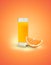A glass of orange juice and a slice of orange on an orange background. Beautiful artwork