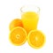 Glass of orange juice and two riped fruit