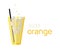 Glass of orange lemonade with ice and straw. Text Soda Orange. Transparent glass with chilled soda and bubble. Cafe menu