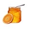 A glass of orange marmalade and half an orange as a cut-out in front of a transparent background, Generative AI