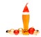 Glass of pale lager beer or ale with Santa Claus or christmas red hat and christmas baubles on white background