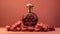 Glass perfume bottle on a red background with flowers and petals. Jar with aromatic oil or water. Spa and aromatherapy. Generative