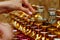 Glass perfume bottles based oils.A Bazaar, market. Macro. Gold and pink gamma