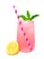 Glass of pink lemonade with mint and straw isolated