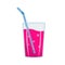 Glass with pink lemonade and straw.