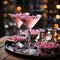 a glass of pink martini. Beautiful decor in the style of Barbie.