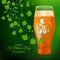 A glass with a pint of light beer decorated with the label of a smoking leprechaun and shamrock leaves. 3D realistic vector