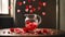 Glass Pitcher Filled With Liquid Surrounded by Hearts. Generative AI.