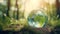 Glass planete earth Globe with save water icons In Green Forest With Sunlight. environment day and water day. Generative Ai