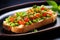 glass plate of bruschetta, topped with edamame and garlic