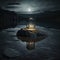 Glass podium on a serene stone lake with moonlight shining down AI generation