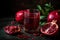 Glass of pomegranate juice near fresh juicy pomegranates on black background. Created with Generative AI