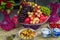 Glass porcelain basket with ripe fresh fruits