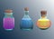 Glass potion bottles. Vector containers with liquid. Cartoon illustrations