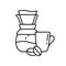 Glass pour over coffee maker with filter, cup, coffee beans. Freshly brewed coffee, morning drink. Black coffee shop menu icon.