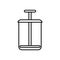 Glass with press. Line art icon of flat flask with piston. Black simple illustration of french press, squeezer, masher. Contour