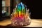 glass prism reflecting colorful light onto a cluster of crystals