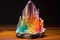 glass prism reflecting colorful light onto a cluster of crystals