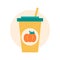 Glass with Pumpkin Latte. Autumn hot drink to go. Seasonal coffee with taste. Disposable cup with straw. Warm colors