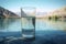 Glass of pure water on clear lake background. Generate ai