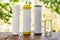 A glass of purified water and filter cartridges on wooden table on green natural background