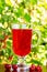 A glass of red cherry juice and cherries and red currants on a natural background