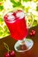 A glass of red cherry juice with ice cubes and cherries and red currants on a natural background