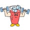 A glass of red ice with a cartoon face lifting a barbell