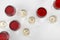 Glass of red and white wines on light background