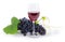 Glass of red wine against of blue grapes cluster