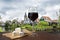 Glass of red wine and brie chhese with view of canal, bridge and traditional wooden fishing houses in village Marken, Netherlands