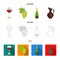 A glass of red wine, champagne, a jug of wine, a bunch. Wine production set collection icons in cartoon,outline,flat