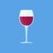 Glass of red wine isolated on blue background. Goblet flat style icon.