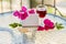 Glass of red wine on the table on the terrace. Decorative pink flowers of bougainvillea and golden feather sign. Mock up