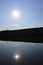 Glass river surface shore hill reflection. Blue sky and water and central beautiful scenic tranquill