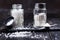 Glass salt shakers with sea salt coarse and fine