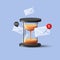 Glass sand clock 3d icon with white envelops around it, render composition digital illustration