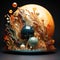 A glass sculpture of a planet with a bunch of balls. Generative AI image.