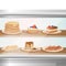 Glass showcase of cafe or bakery shop with various sweet desserts. Stack of pancakes, fritters, cupcakes, cake and