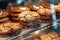 Glass showcase in cafe features delectable close up of chocolate cookies