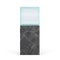 glass showcase cube on high dark marble pedestal in frontal projection