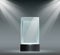 Glass showcase. Transparent plastic cube, empty product or museum display in block shape with spotlights. Prism stand