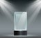 Glass showcase. Transparent plastic cube, empty product or museum display in block shape with spotlights. Prism stand for exhibit