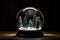 Glass snow globe with frozen snowy fir trees inside. Magical Christmas crystal ball, minimalist crystal magic ball with pine trees